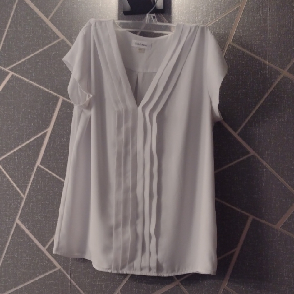 Calvin Klein White Cap Sleeve Bib Collar Blouse
